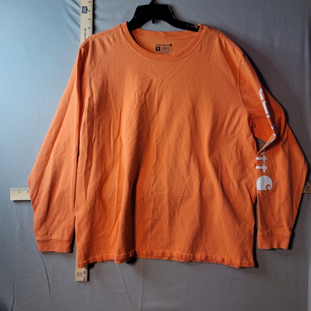 Carhartt Mens XXL‎ Loose Fit Long Sleeve Graphic T-Shirt Orange Logo Sleeve